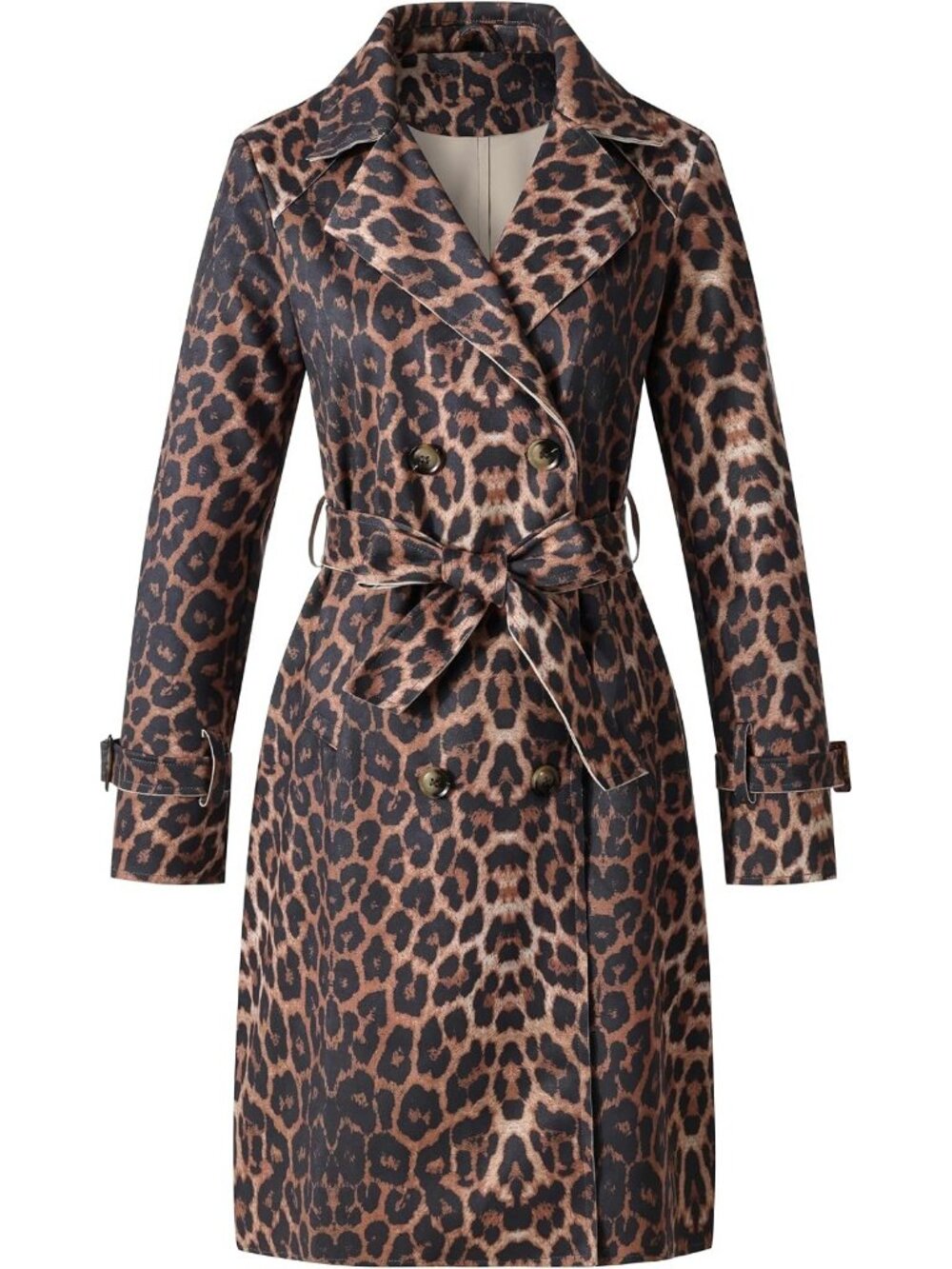 Women's Leopard Polyester Long Sleeve Classic Cuffs Pockets Trench Coat Jackets